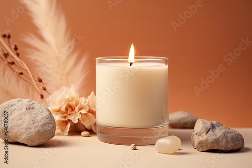 Vanilla burning candle on beige background. Warm aesthetic composition with stones and dry flowers. Home comfort  spa  relax and wellness concept. Interior  Generative AI