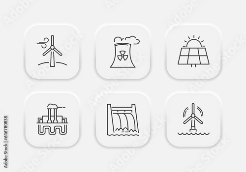 Production of electricity icons set. Wind farm, nuclear plant, solar panels, thermal and hydroelectric power plant. Vector EPS 10