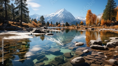 Sunny day in the Mountains. amazing view of the lake With autumn trees