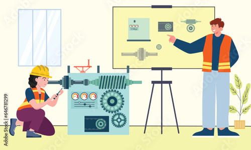 Matchine Maintenance concept illustration , female engineers disassembling matchine training
