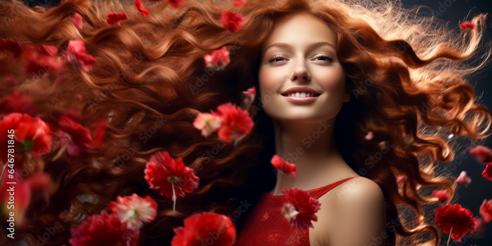 beautiful girl with gorgeous volume dense red hair and flying flowers. hair dye, hairstyle, haircare