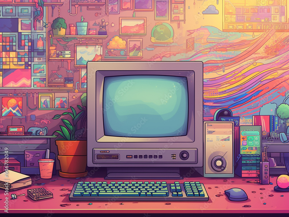 An Illustration of a 90s Inspired Computer Desktop, with Clunky Icons and a Pixelated Background An Illustration of a 90s Inspired Computer Desktop, with Clunky Icons and a Pixelated Background