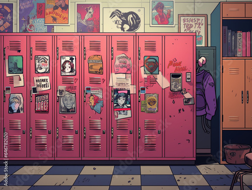 An Illustration of a 90s High School Locker Decorated with Band Posters and Colorful Magnets