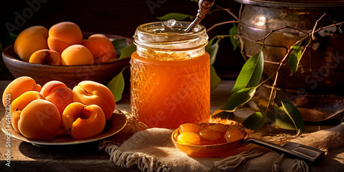 Bowl of apricot jam in the glass jar with apricot fruits on the table. Wooden background. AI Generative