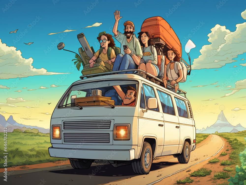An Illustration of a Cartoonish Rendition of a 90s Family Road Trip in ...