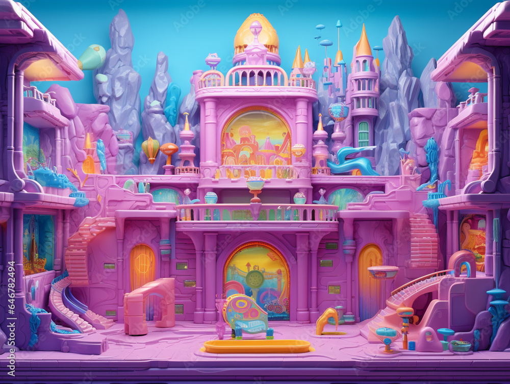 An Illustration of a Toy Store Display with a Pink Doll House An Illustration of a Toy Store Display with a Pink Doll House