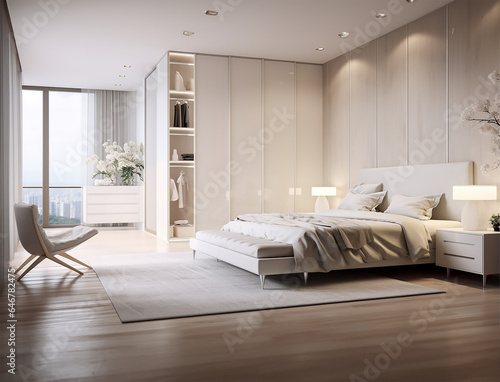 white wooden wardrobe situated in a modern bedroom