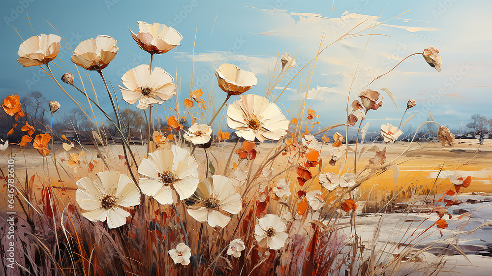 blurred background of daisies on the indian summer field oil painting impressionism. - obrazy, fototapety, plakaty 