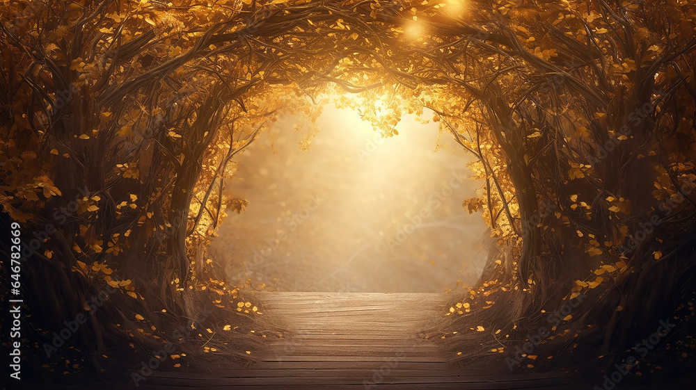 a luminous romantic autumn podium fairy tale forest, the rays fog in a round arch of yellow trees. a luminous romantic autumn podium fairy tale forest, the rays fog in a round arch of yellow trees.