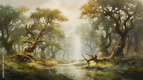 landscape huge old oaks in the swamp oil paint delicate colors paintings on canvas.