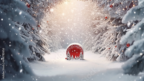 red christmas arch for New Year's gifts with an empty mine space in the winter frosty forest. © kichigin19