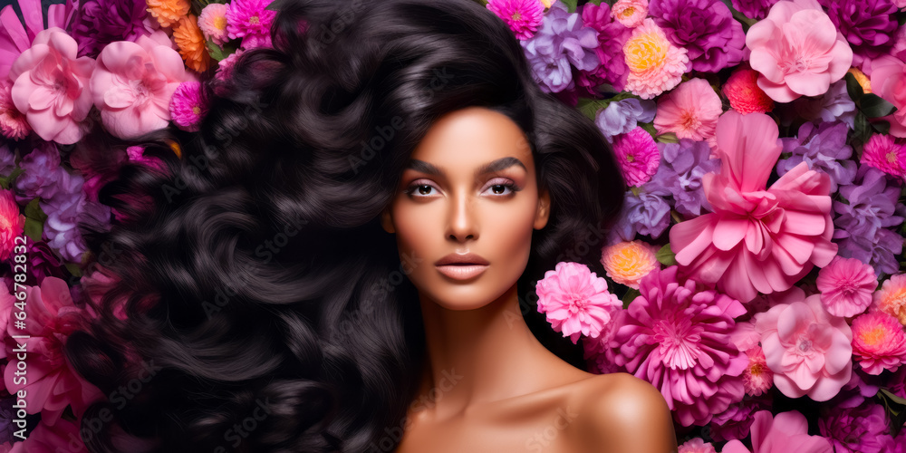 brunette with gorgeous voluminous long dense hair surrounded flowers. hair dye, hairstyle, haircare