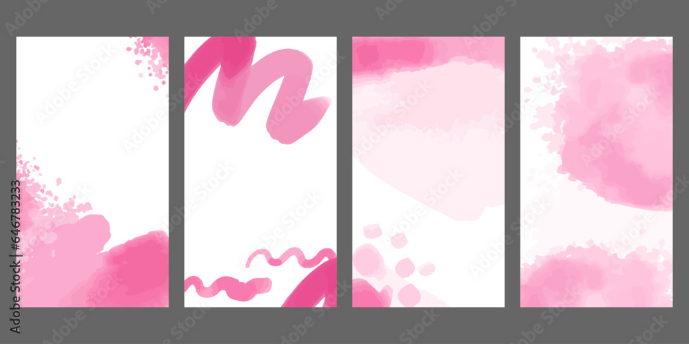 Vertical background. Watercolor pink posters. Social media stories backdrop, brush strokes and ink stains, cards with texture design, abstract banner with copy space. Vector wallpaper set