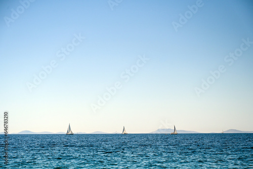Sailboats at sea. A group of boats on the water in summer. Tourist boats.