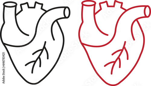 set of black and red line Human Heart icons, Cardiac Muscle Line and Silhouette Color Icons. Medical Cardiology Pictogram. Healthy Cardiovascular Organ Symbol isolated on transparent Background.
