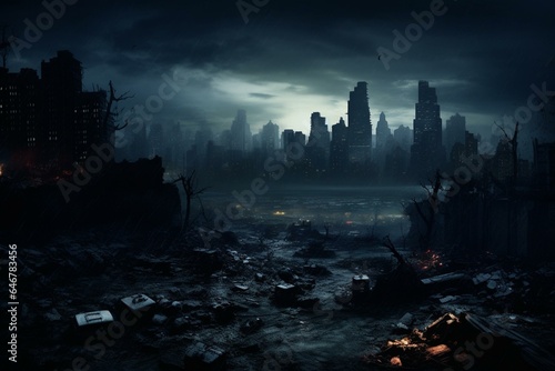 Dark urban cityscape depicting Gotham at night. Generative AI