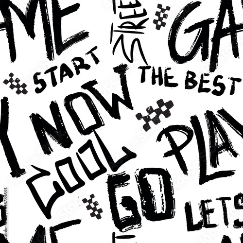 Abstract black and white graffiti pattern. With bricks, paint drips, words in...