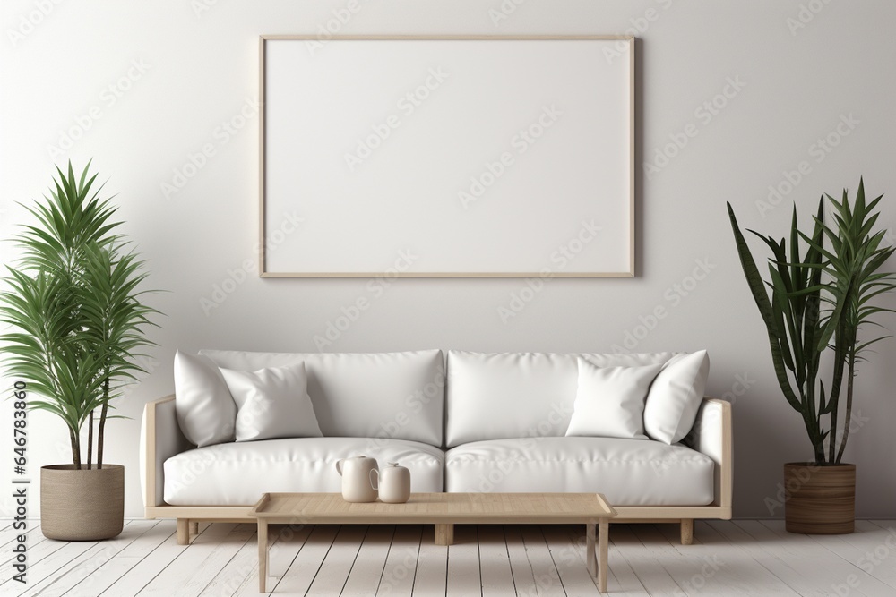 Modern Aesthetic Interior Design with Small Blank Poster Created with Generative AI Modern Aesthetic Interior Design with Small Blank Poster Created with Generative AI