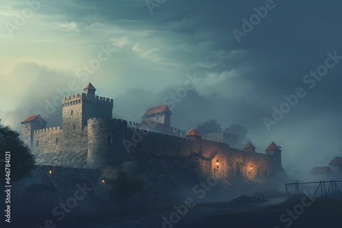 Castle walls over historic village with fog. Stone and brick fortification in cinematic illustration. Generative AI