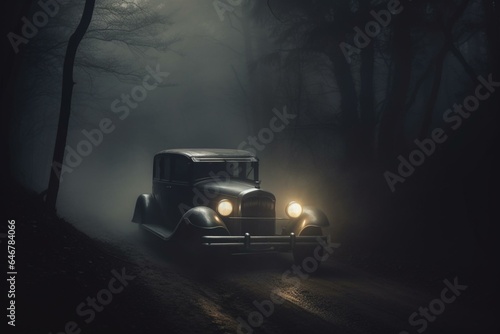 An eerie vehicle emerges in the distance, its headlights cutting through the mist. Generative AI © Isadore