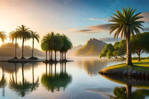 Gorgeous palm trees with lush green foliage set against a river backdrop, isolated.      © misbah