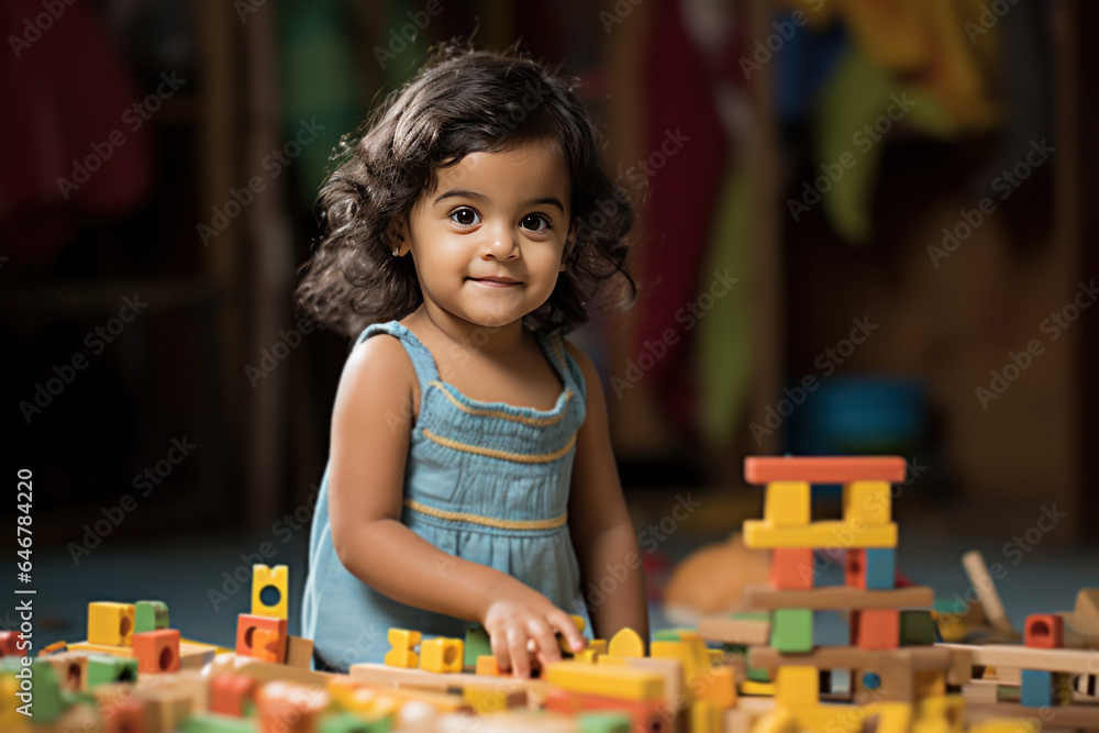Indian cute little small girl playing with colourful building block toy on table Indian cute little small girl playing with colourful building block toy on table