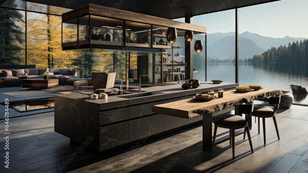 the concept of a modern villa kitchen feel overlooking the lake
