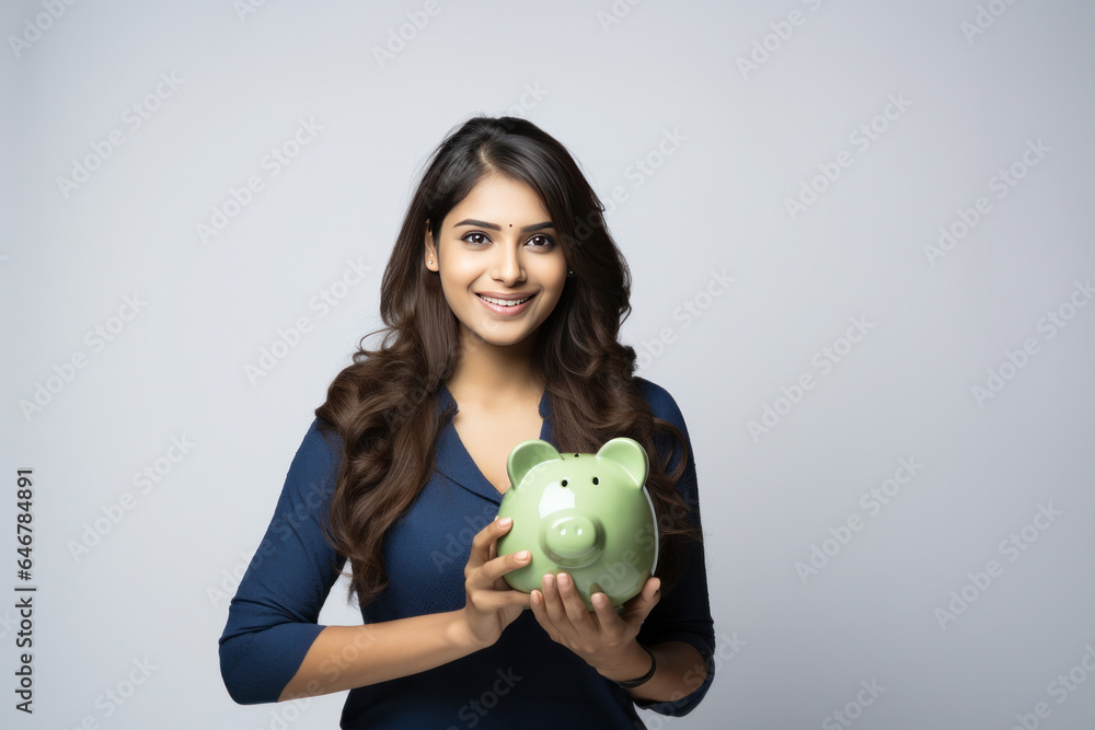 indian young woman with piggy bank indian young woman with piggy bank