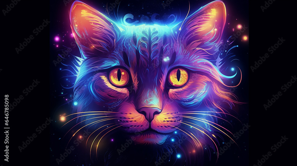 neon glow portrait of a cat on a black background. neon glow portrait of a cat on a black background.