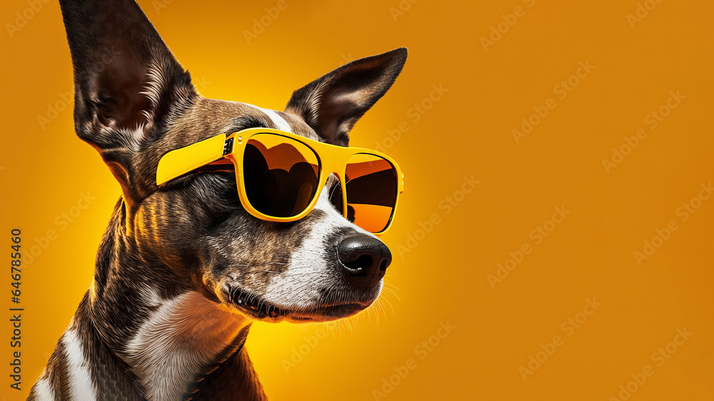 Dog with sunglasses on yellow background Dog with sunglasses on yellow background