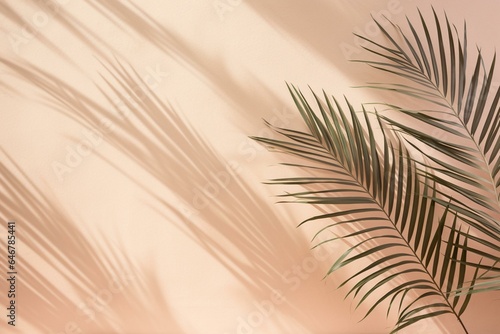 Shadow of palm leaves on a pastel beige background. Generative AI