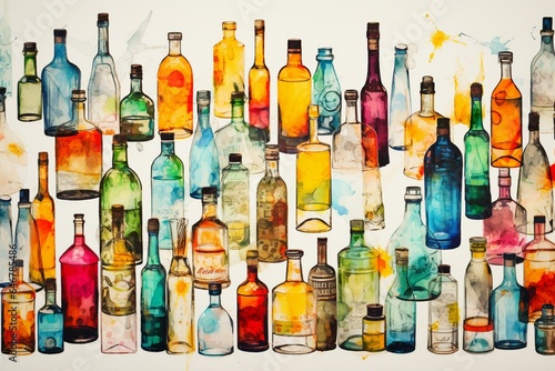 An artistic pattern featuring creatively outlined liquor bottles and vibrant watercolor elements. Generative AI