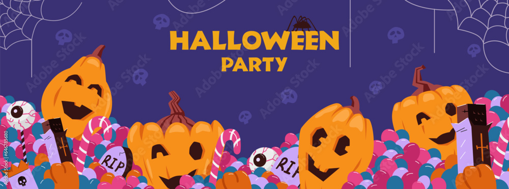 Halloween party invitation vector banner. Halloween banner with pumpkins and sweets.