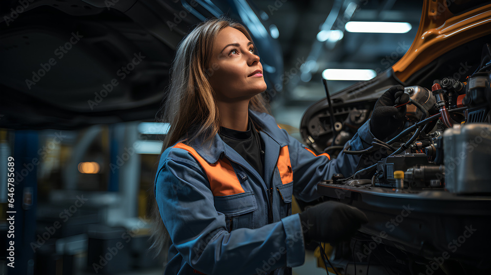 A female engineer repairs a car - obrazy, fototapety, plakaty 