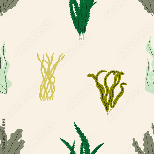 Coral. Underwater plant. Vector seamless pattern in scandinavian style. Seaweed.