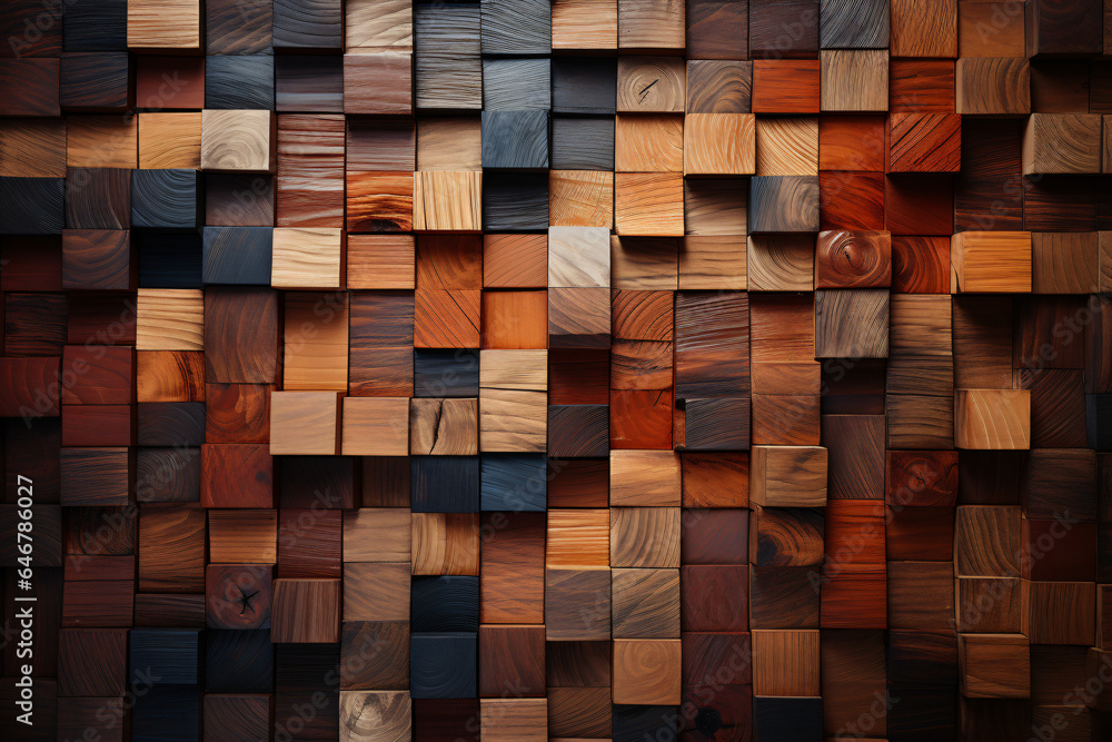 Modern, minimal, stylish decoration wall with brown square wood block mosaic Modern, minimal, stylish decoration wall with brown square wood block mosaic