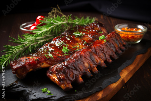 Grilled ribs with a sprig of rosemary on a wooden board