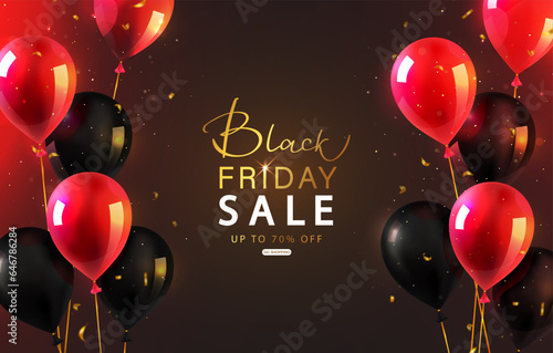 Web Banner Black Friday Sale.Black and red balloons and flying streamers. Creative luminous design.Vector illustration.