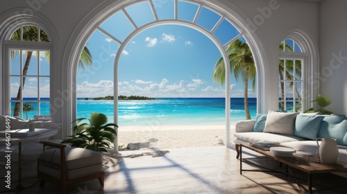 The view from the open window overlooks the white sandy beach