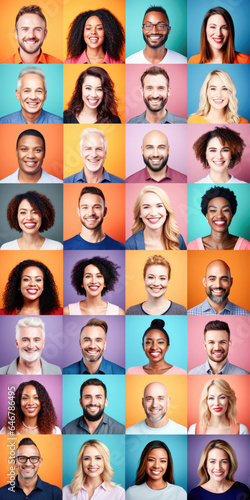 Photo collage portrait of multiracial smiling people with different ages looking at camera. Mosaic of happy modern faces. 