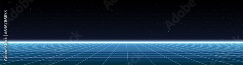 Technology background perspective retro grid. Futuristic cyber surface 80s - 90s styled. Vector blue mesh on colors background. Digital space wireframe landscape.