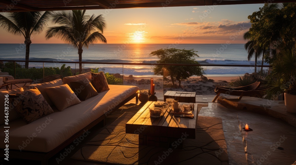 The view from the terrace of the beach villa is a beautiful sunrise on the beach