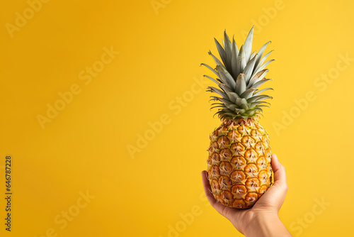 Hand hold fresh pineapple isolated on a yellow background with copy space