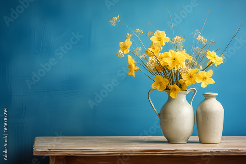 Wooden table with yellow vases with bouquet of field flowers on blue wall background 