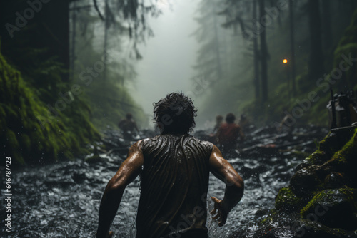Man running alone in the wilderness 