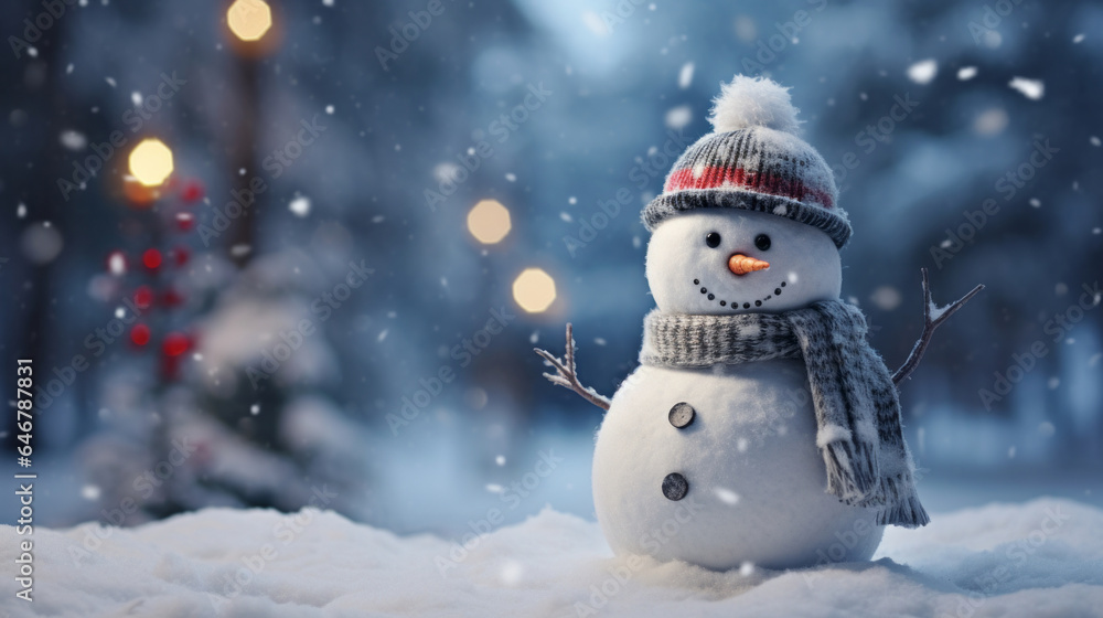 Fototapeta premium Happy snowman in winter scenery with copy space. Snowman in a cap and a scarf