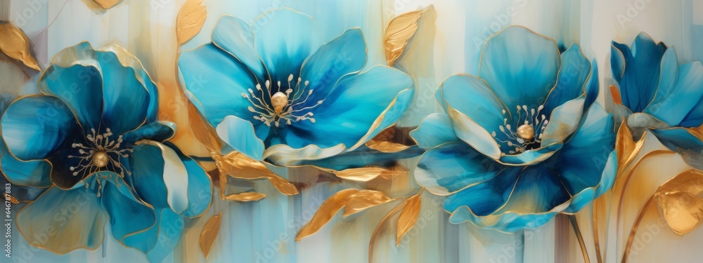 Φωτογραφία Abstract painted watercolor painting of flowers with gold deatils and blue turqu