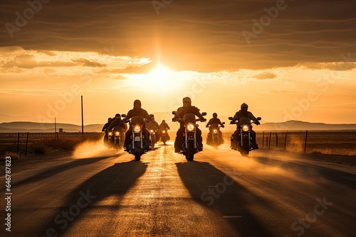 Group of bikers man riding speed motorcycle on empty motion road against beautiful golden sunset with dusky sky. Collective of motorcyclist cruising together.