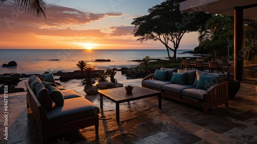 The view from the terrace of the beach villa is a beautiful sunset on the beach © MBRAMO