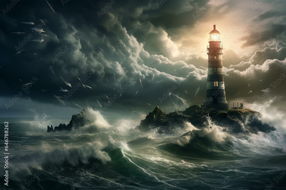A majestic lighthouse with lightning and storm brewing. Generative AI